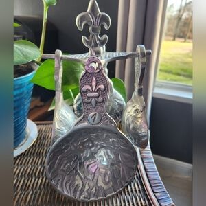 4 TEXTURED PEWTER HANGING MEASURING  SPOONS  FOR 1 CUP AND LESS